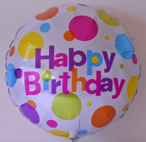 Globo grande color blanco con círculos y letras multicolor Happy Birthday