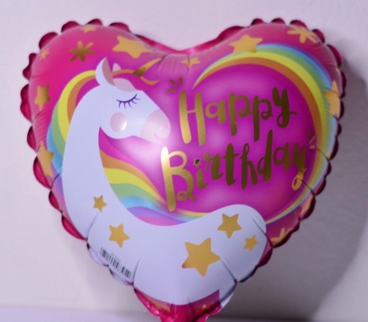 Globo mediano corazón rosado con unicornio Happy Birthday