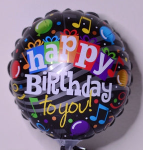 Globo mediano negro con notas musicales Happy Birthday to You