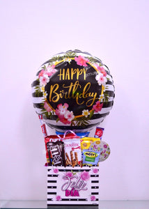 Caja grande rayada Feliz Día con snacks y globo grande flores rayas happy birthday