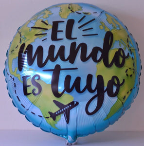 Globo grande diseño de mundo verde con azul Felicidades Graduado, El Mundo es Tuyo