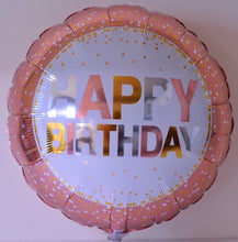 Cargar imagen en el visor de la galería, Globo grande rosado con blanco y letras plateadas, doradas y rosadas Happy Birthday
