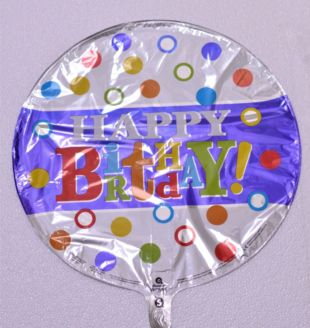 Globo grande blanco franja azul puntos multicolores Happy Birthday