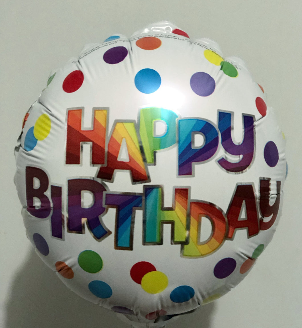 Globo mediano blanco puntos y letras multicolores Happy Birthday