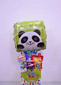 Caja grande verde Feliz Día Disfruta al Maximo con snacks y globo grande cuadrado panda happy birthday