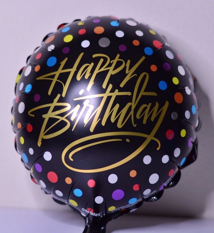 Globo mediano color negro puntitos multicolor Happy Birthday