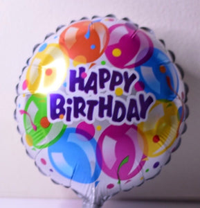 Globo mediano color gris con globos multicolor Happy Birthday