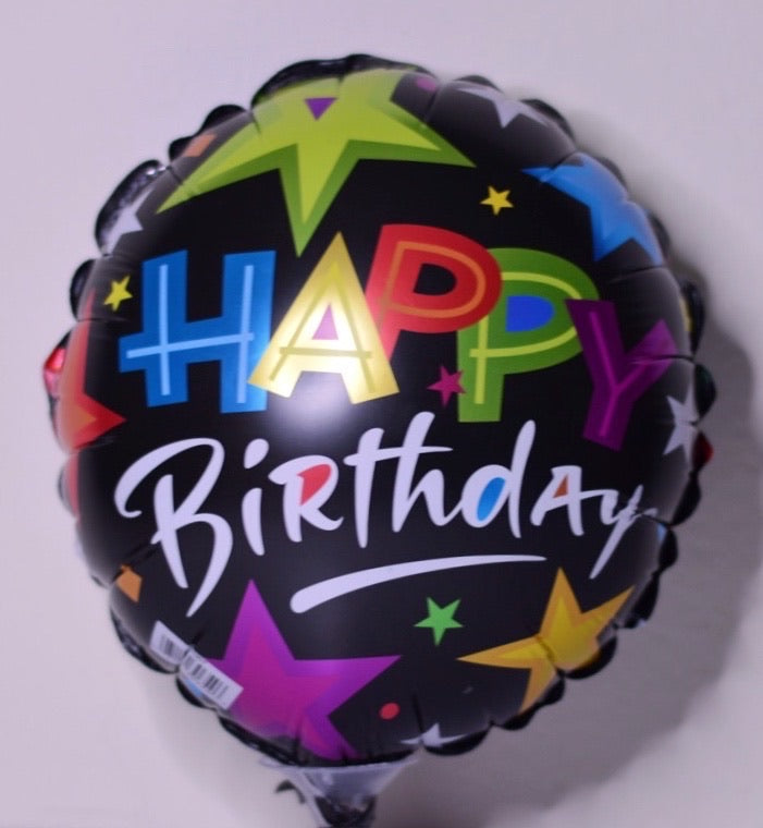 Globo mediano color negro con estrellas multicolor Happy Birthday