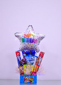 Cajita azul cupcake Feliz Día con dulces y globo mediano estrella blanca puntitos colores Happy Birthday
