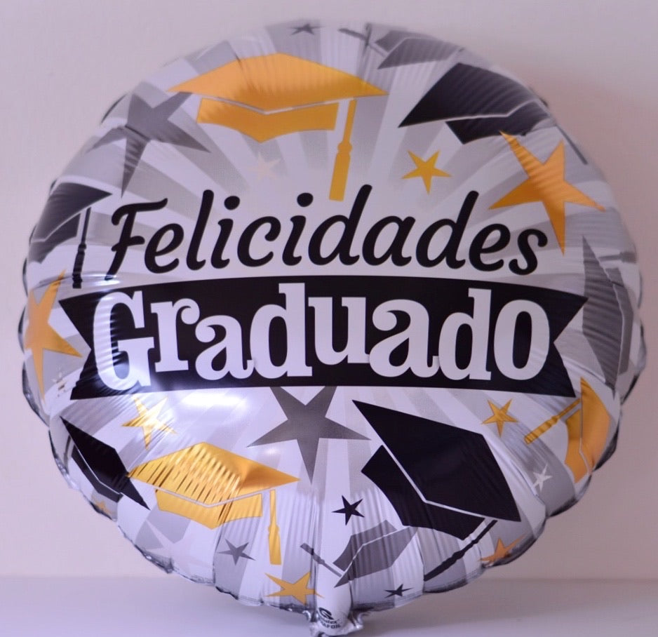 Globo grande fondo gris con gorritos de graduación dorados y negros Felicidades Graduado