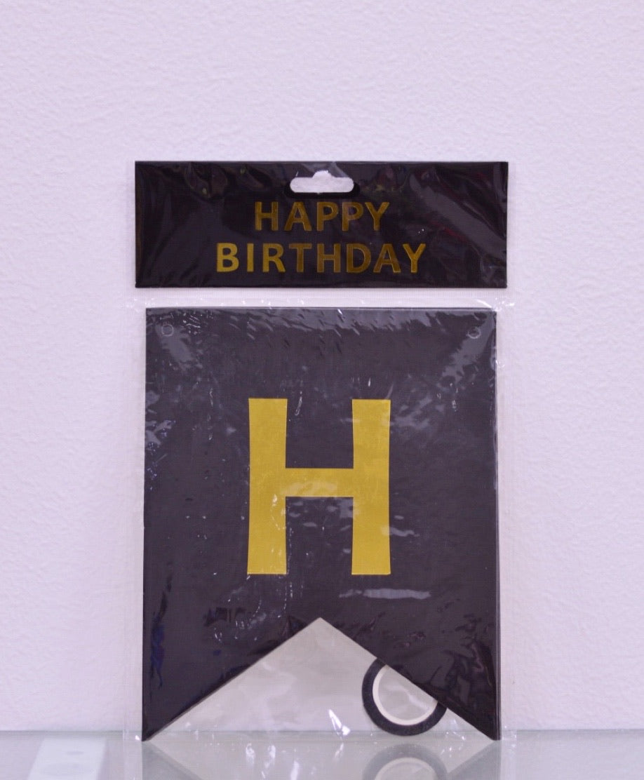 Banner grande Happy Birthday negro letras doradas