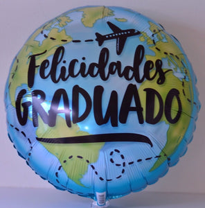 Globo grande diseño de mundo verde con azul Felicidades Graduado, El Mundo es Tuyo