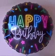 Cargar imagen en el visor de la galería, Globo grande color negro con estrellas y cintas neón Happy Birthday
