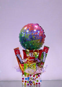 Cajita puntos colores feliz día con dulces y globo mediano Happy Birthday
