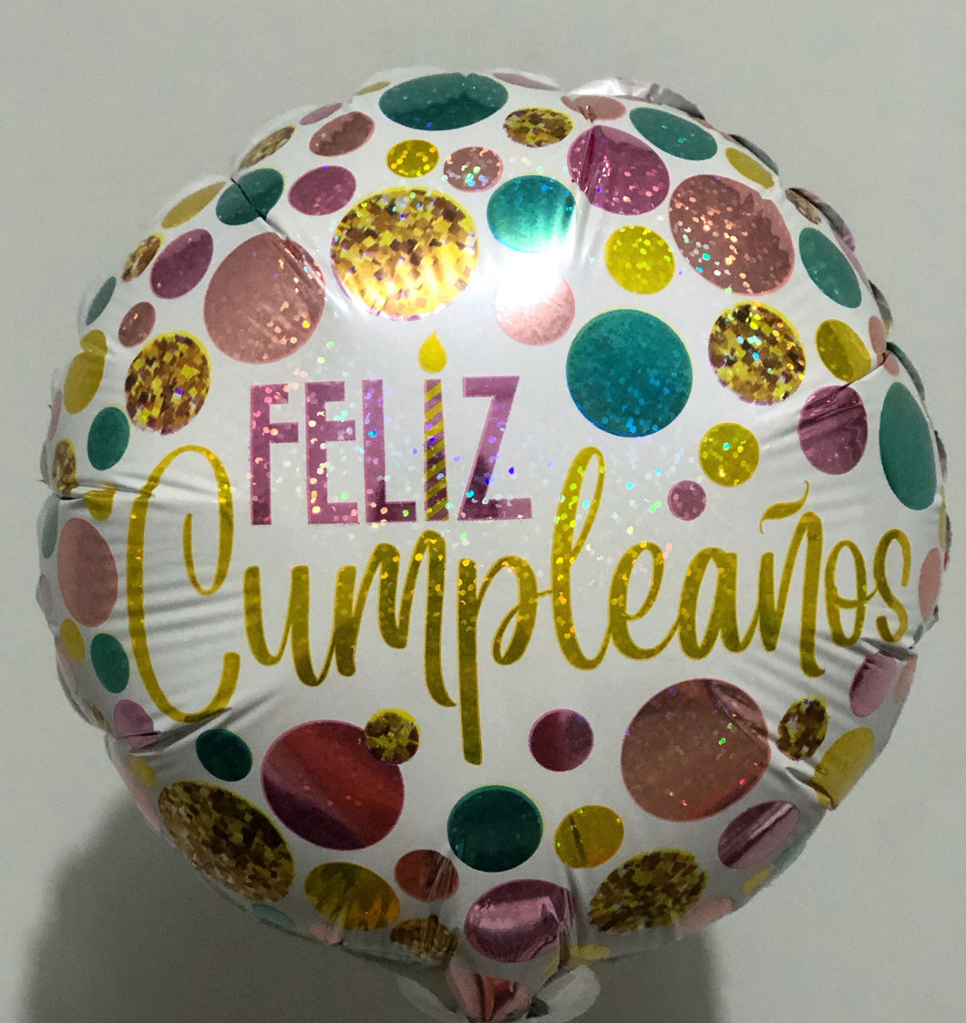 Globo mediano blanco círculos metálicos Feliz Cumpleaños